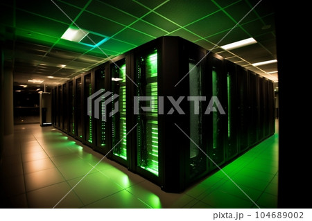 サーバールームのイメージ(斜めのアングル、緑色のライト) AI生成 サーバールームのイメージ(斜めのアングル、緑色のライト) AI生成 104689002