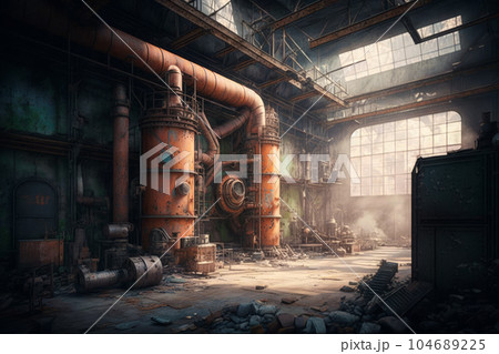 The inside of an industrial building with pipes and machinery. Generative AI 104689225