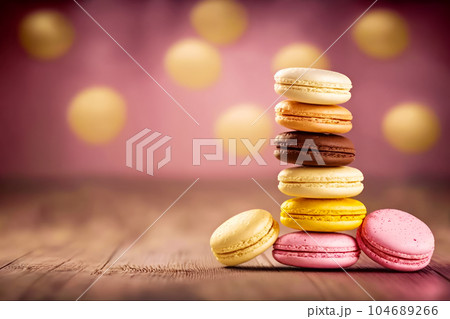 Stack of macaroons on wooden table. Generative AI 104689266