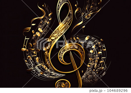 Golden treble with musical notes on black background. Generative AI 104689296