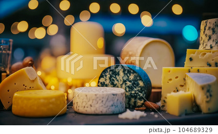 Various types of cheese are displayed on table. Generative AI Various types of cheese are displayed on table. Generative AI 104689329