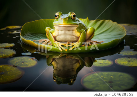 Frog sitting on top of leaf in the middle of body of water. Generative AI 104689358