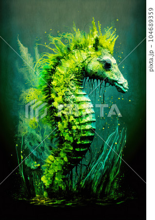 Image of green sea horse in the water with algae and seaweed around it. Generative AI 104689359