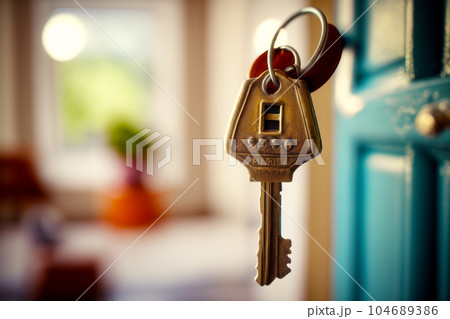 Close up of key on keychain with blurry background. Generative AI 104689386