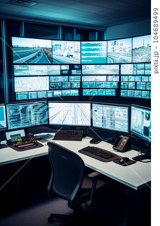 Desk with lot of monitors and phone on top of it. Generative AI 104689499