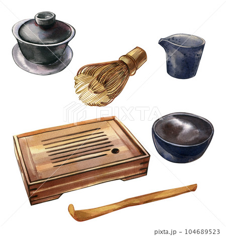 Set tea ceremony teapot, bowl, bamboo whisk, spoon, board isolated white background. Watercolor hand drawn illustration 104689523