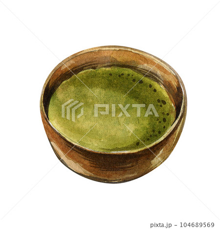 Green tea matcha in bowl cup isolated on white background. Watercolor hand draw sketch illustration. Art for herb design Green tea matcha in bowl cup isolated on white background. Watercolor hand draw sketch illustration. Art for herb design 104689569