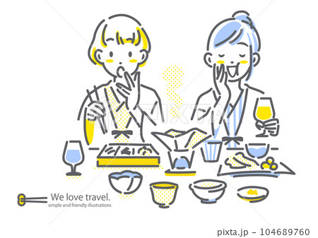 豪華な夕食を楽しむ女性ふたり　女子旅　シンプルでお洒落な線画イラスト 104689760