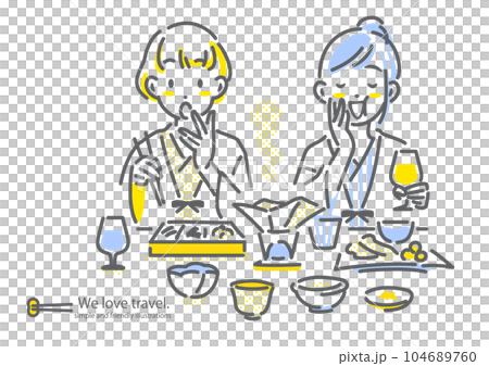 豪華な夕食を楽しむ女性ふたり　女子旅　シンプルでお洒落な線画イラスト 104689760