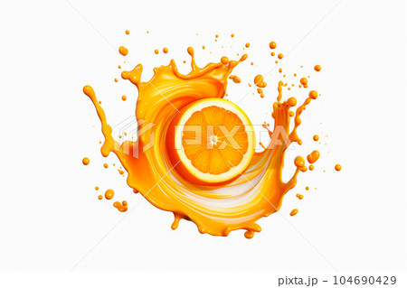 Orange juice splashing into glass with slice of orange in it. Generative AI 104690429