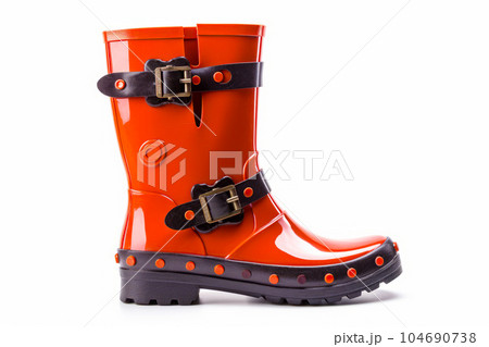 Close up of pair of orange rain boots on white background. Generative AI 104690738