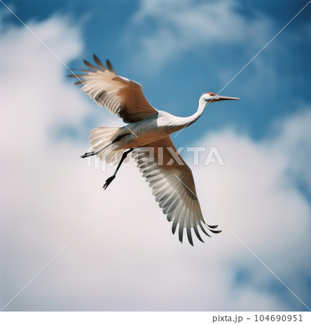 Crane flies high in sky against background of white clouds, photo of flying bird from below, 104690951