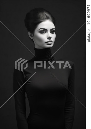 Black and white photo of woman wearing black turtle neck top. Generative AI Black and white photo of woman wearing black turtle neck top. Generative AI 104690971