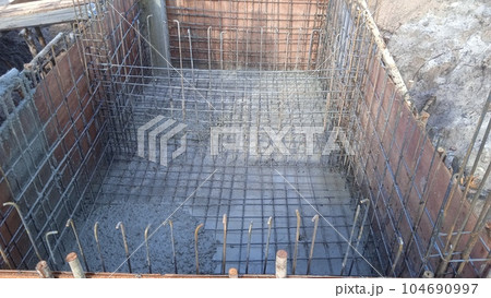 Steel wire mesh rebar, metal framework reinforcement for basement elevator. 104690997