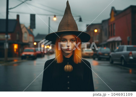 Woman with orange hair wearing witches hat on city street at night. Generative AI 104691109