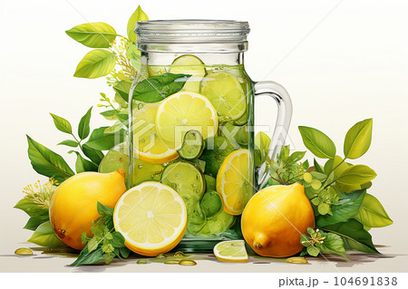 Transparent jug filled with lemons and mint leaves, lemonade, majito on background of fruits and leaves. Generative AI Transparent jug filled with lemons and mint leaves, lemonade, majito on background of fruits and leaves. Generative AI 104691838