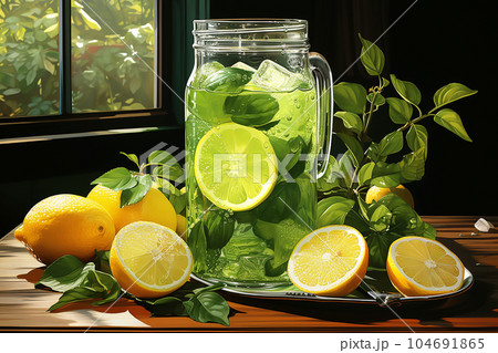 Jug filled with lemons and mint leaves stands on the table in the rays of the summer sun. Generative AI 104691865