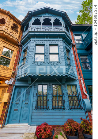 Facade of colorful wooden blue house, located in Kuzguncuk neighborhood, Uskudar district, Istanbul, Turkey Facade of colorful wooden blue house, located in Kuzguncuk neighborhood, Uskudar district, Istanbul, Turkey 104692554
