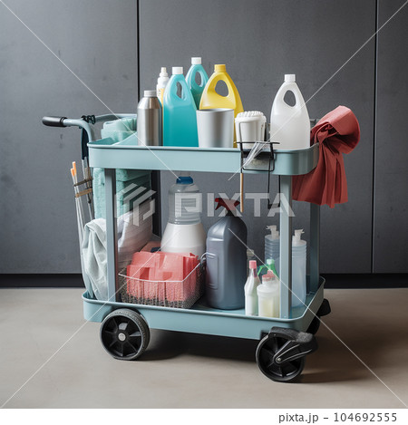 Trolley with detergents of a cleaning company worker, a janitor, isolated on a white background, Trolley with detergents of a cleaning company worker, a janitor, isolated on a white background, 104692555