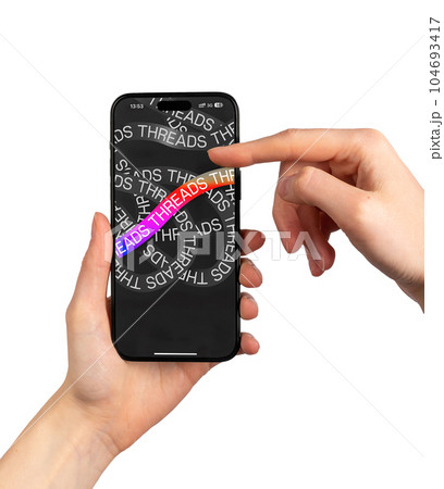 Berlin Germany July 6 2023 Threads app, mobile application interface on in hands isolated on white 104693417