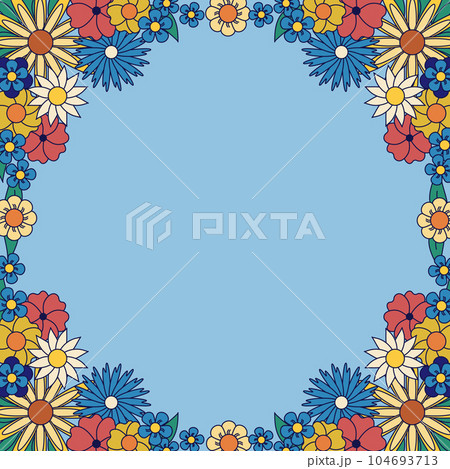 Vector retro cartoon floral frame fields flowers 104693713
