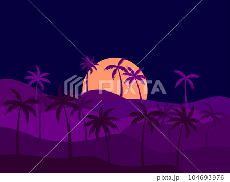 Tropical landscape with palm trees at sunset. Silhouettes of palm trees on the hills. Design of advertising booklets, banners, posters and travel agencies. Vector illustration 104693976