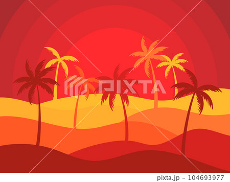 Wavy desert landscape with sun and palm trees in cut paper style. Sunrise in the desert, sand dunes with silhouettes of palm trees. Design for print, banners and posters. Vetornaya illustration 104693977
