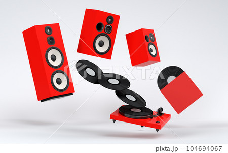 Set of Hi-fi speakers and DJ turntable for sound recording studio on white Set of Hi-fi speakers and DJ turntable for sound recording studio on white 104694067