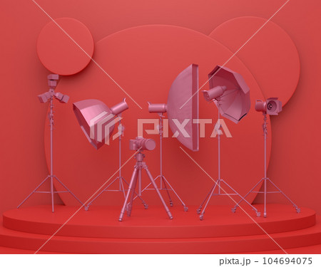 Abstract scene with photography studio flash on a lighting stand on monochrome 104694075