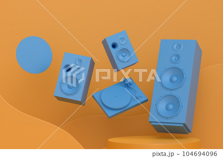 Abstract scene or podium with Hi-fi speakers and DJ turntable on monochrome 104694096