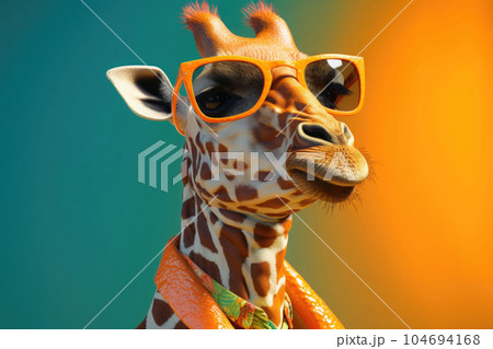 Portrait of a funny giraffe with modern sunglasses over colorful background. Generative AI 104694168