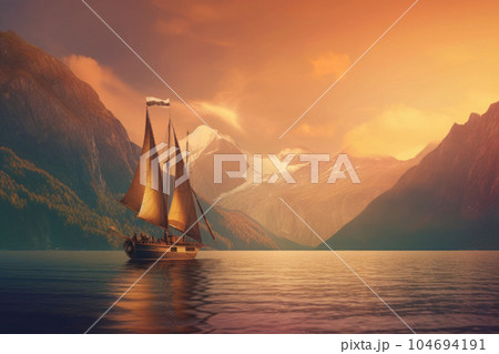 Sailboat in the sea in the evening sunlight over beautiful big mountains background. Generative AI 104694191