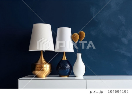 Minimalistic design scandinavian interior with blue wall. A golden lamp, accessories. Generative AI 104694193