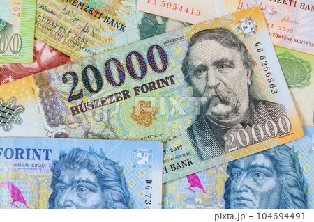 Assortment cash of Hungarian forints, providing detailed view of their different face values. Assortment cash of Hungarian forints, providing detailed view of their different face values. 104694491