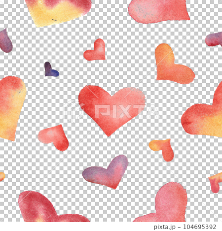 Seamless watercolor pattern with colourful hearts. Pink, red, yellow and violet. Hand drawn romantic texture for Valentine's Day, wrapping paper, packaging, wedding, birthday, greeting card 104695392