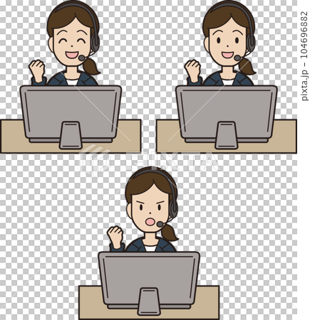A young woman in a suit answering the phone while typing on a computer call center facial expression pattern goo 104696882