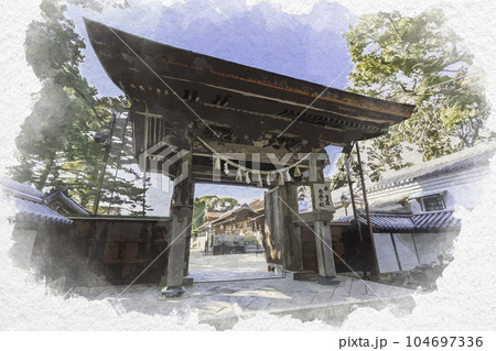 水彩画風　室津　賀茂神社　四脚門　兵庫県たつの市御津町 104697336