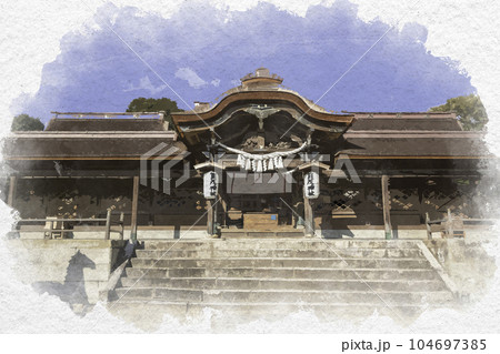 水彩画風　室津　賀茂神社　社殿　兵庫県たつの市御津町 104697385