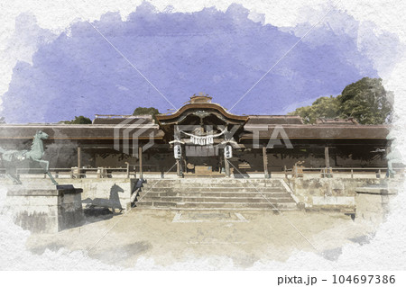 水彩画風　室津　賀茂神社　社殿　兵庫県たつの市御津町 104697386