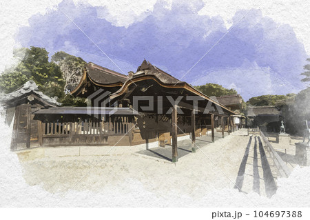 水彩画風　室津　賀茂神社　社殿　兵庫県たつの市御津町 104697388