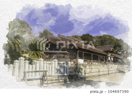水彩画風　室津　賀茂神社　社殿　兵庫県たつの市御津町 104697390