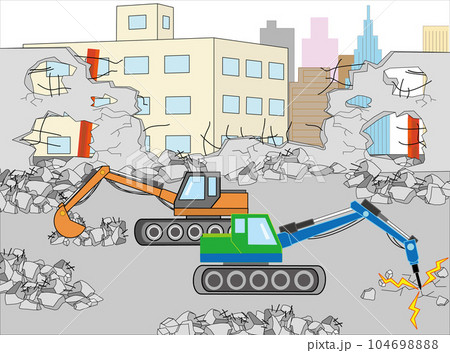 重機でビルの解体工事をしている。 重機でビルの解体工事をしている。 104698888