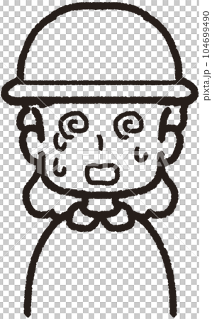 Upper body line drawing illustration of a woman wearing a hat, facing the front and sweating a lot. Upper body line drawing illustration of a woman wearing a hat, facing the front and sweating a lot. 104699490