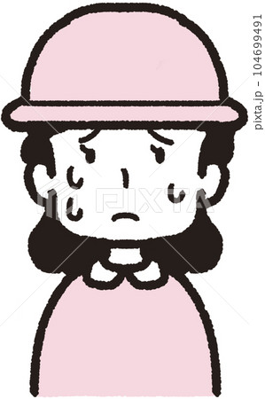 帽子をかぶって正面を向いて汗をたくさんかいている女性の上半身イラスト 帽子をかぶって正面を向いて汗をたくさんかいている女性の上半身イラスト 104699491