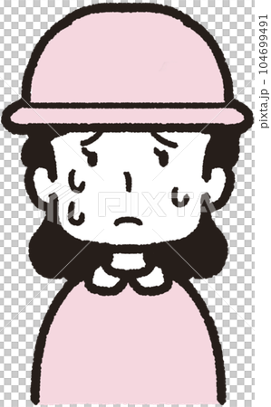 帽子をかぶって正面を向いて汗をたくさんかいている女性の上半身イラスト 帽子をかぶって正面を向いて汗をたくさんかいている女性の上半身イラスト 104699491