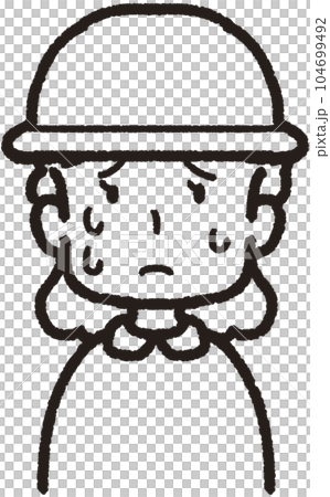 Upper body line drawing illustration of a woman wearing a hat and facing the front and sweating a lot Upper body line drawing illustration of a woman wearing a hat and facing the front and sweating a lot 104699492