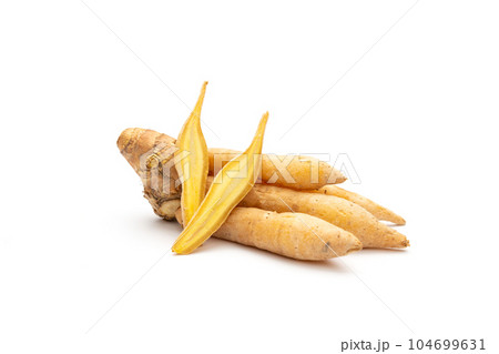 Kaempferia slice and finger root isolated on a white background Kaempferia slice and finger root isolated on a white background 104699631