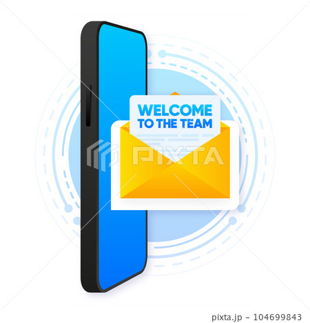 Welcome to the team megaphone blue banner on white background. We are hiring. Join our team. Accept the invitation. Vector illustration. 104699843