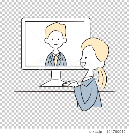 A female office worker and a male office worker having an online meeting A female office worker and a male office worker having an online meeting 104700012