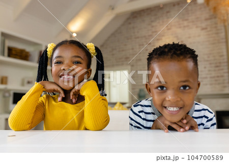 Happy african american sister and brother making video call at home Happy african american sister and brother making video call at home 104700589